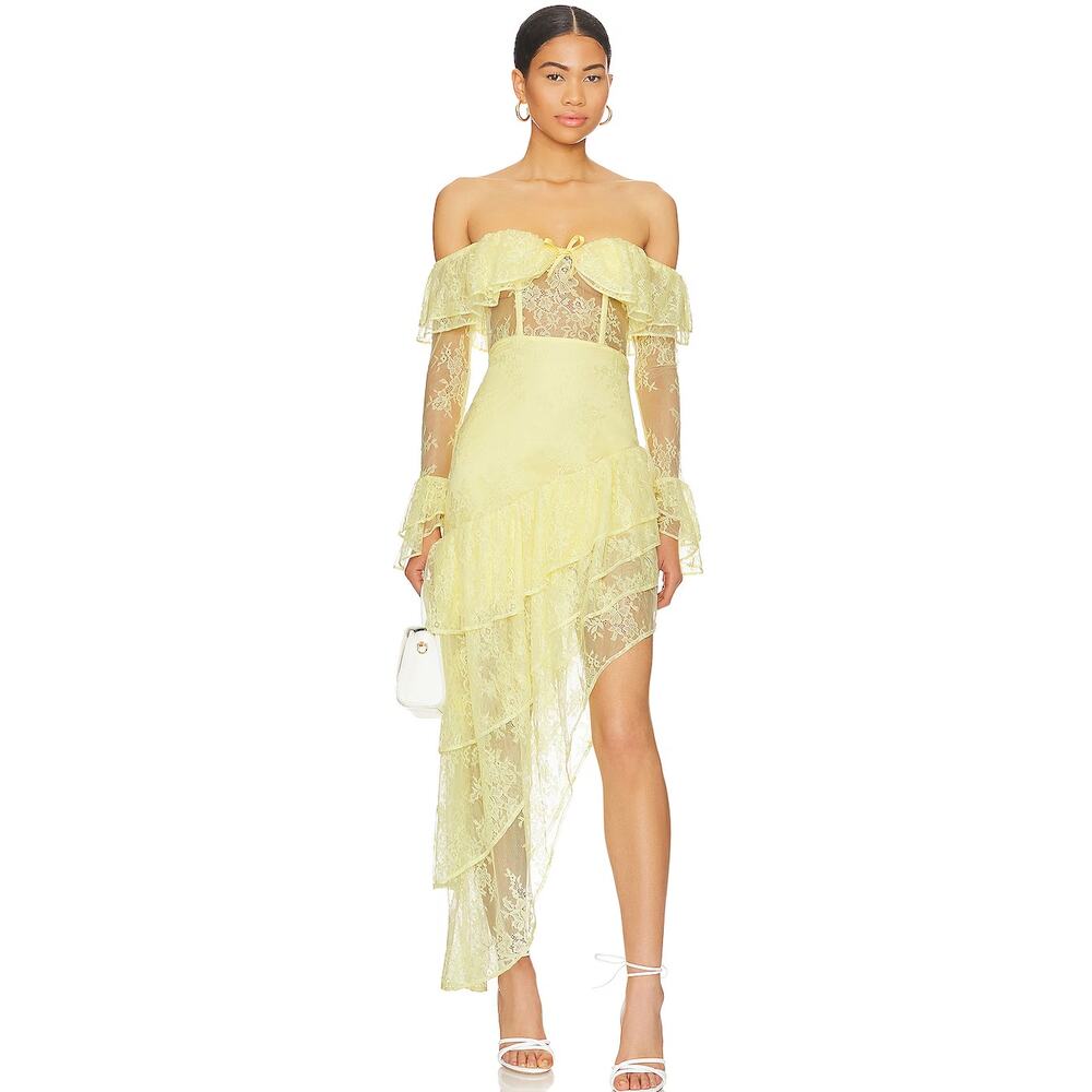 Majorelle Yellow Maddalena Gown Lace Long Sleeve Dress Size Medium New Revolve